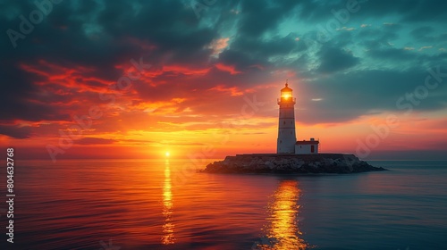 Lighthouse at Sunset Over Calm Ocean