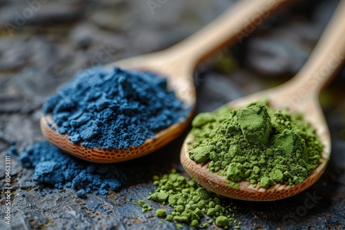 wooden spoons with green and blue matcha powder. Superfood, vegan drink