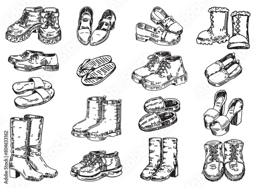 Footwear doodle set. Sketch of shoes, sandals, slippers, boots. Outline vector illustrations collection.