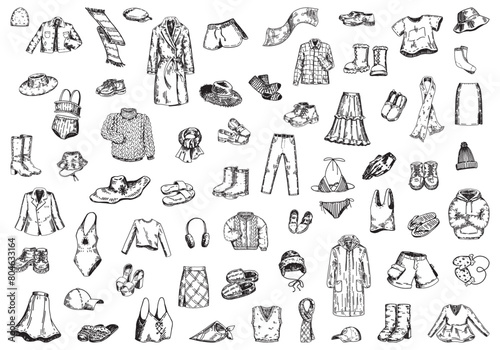 Different clothes doodle set. Sketch of outerwear, shoes, hats, scarves, swimwear, accessories. Outline vector illustrations collection.
