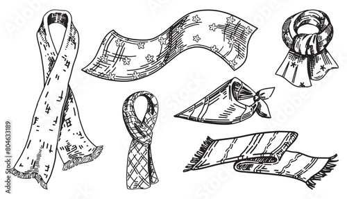 Neck accessory doodle set. Sketch of scarves for different seasons, shawls. Outline vector illustrations collection.