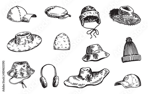 Different headgears doodle set. Sketch of cap, knitted head wear, straw hat, accessories. Outline vector illustrations collection. photo