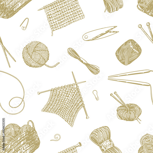 Handicraft tools, hobby knitwork seamless pattern. Ornament of knitting needles, yarn, stitch marker, scissors. Vector design in engraving style.