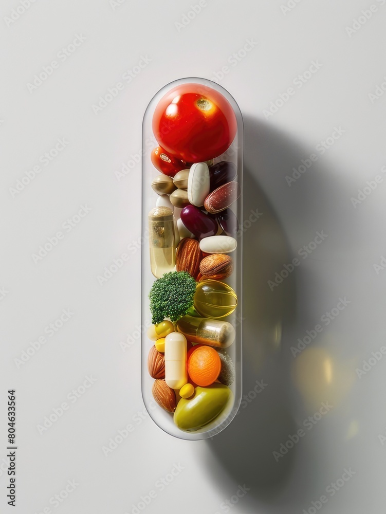 fruits, vegetables, nuts and beans inside a food capsule, instead of a pill, medicine health concept, simple, minimalistic style, with copy space.