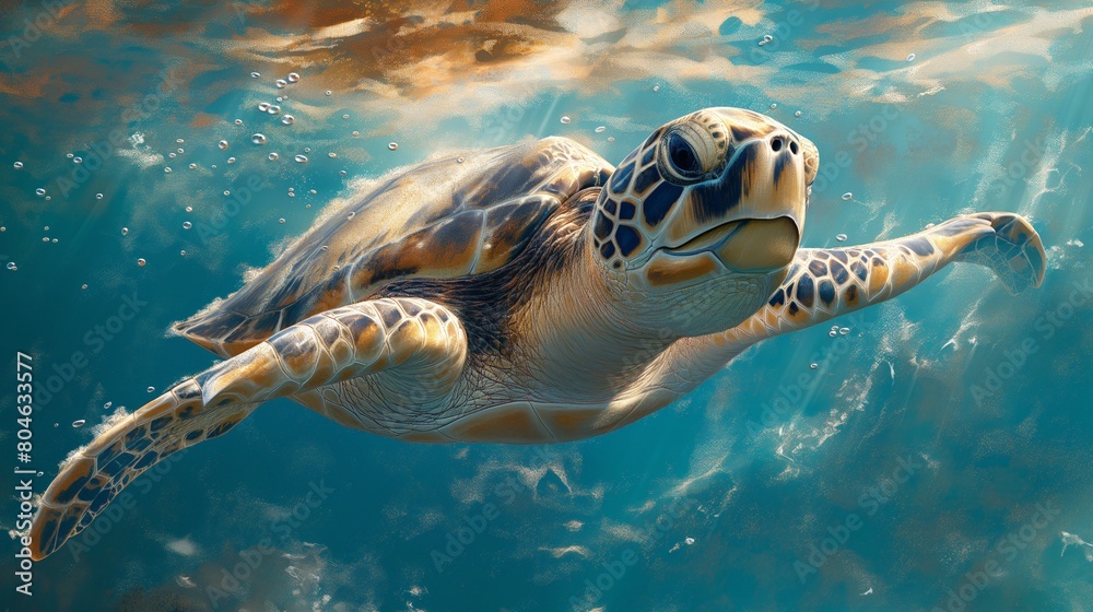 Obraz premium Sea Turtle Swimming in Sunlit Waters