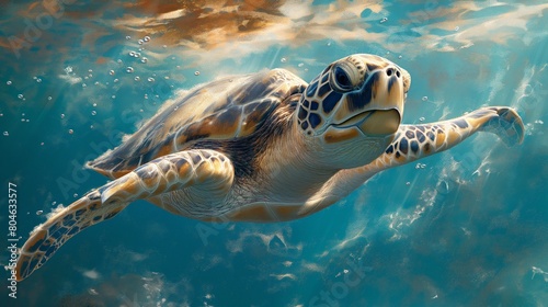 Sea Turtle Swimming in Sunlit Waters © Saltanat