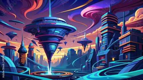Vibrant Futuristic Cityscape with Neon Lights and Sci-Fi Architecture