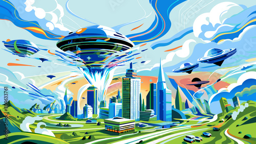 Vibrant Futuristic Cityscape with Flying Vehicles and Skyscrapers