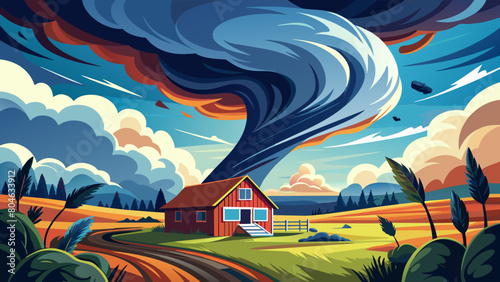 Dramatic Tornado Approaching a Farmhouse in a Rural Landscape