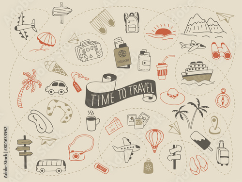 Time to travel. Icon set of elements for summer vacation travel, hand drawn vector doodles in sketch style.