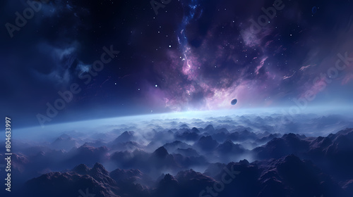 The night sky is filled with stars and clouds  creating an ethereal atmosphere