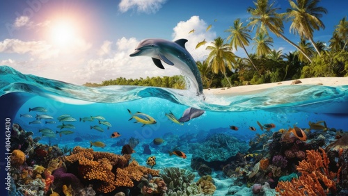 Dolphin Leaping in Tropical Split View with Sunny Island  Coral Reef  and Fish
