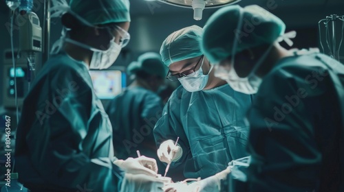 A team of surgeons perform an operation in a hospital operating room. photo