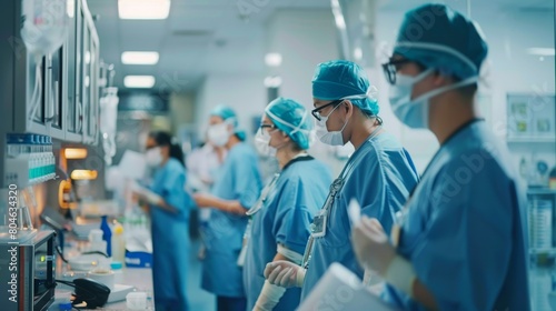 A group of surgeons in scrubs and masks are working in a hospital setting.