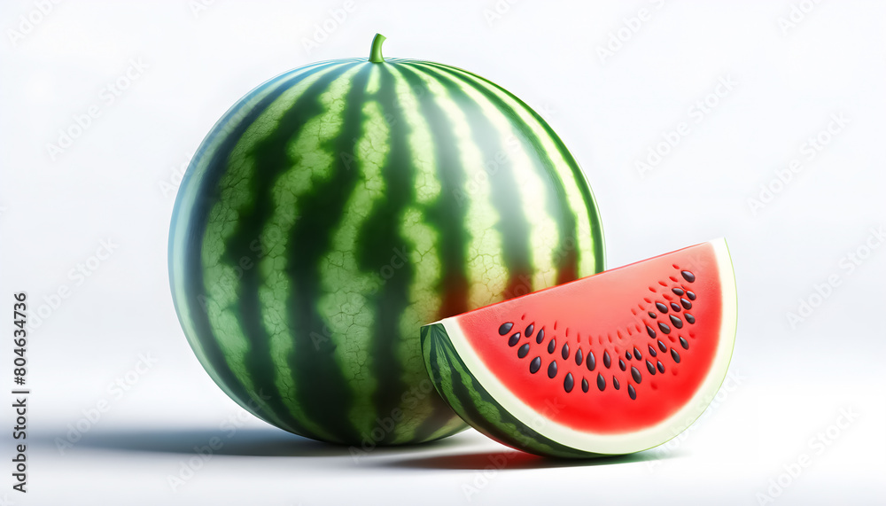 Delicious watermelon and slice in 3D illustration, Ripe red watermelon with slice in 3D illustration, Freshly cut watermelon slice in 3D render