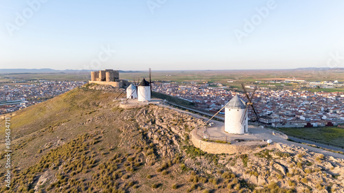 Aerial drone view on the old windmills in Consuegra, Spain