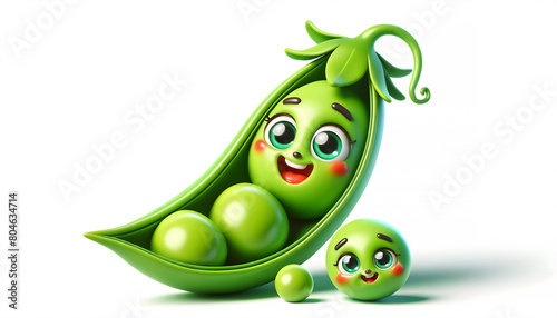 Smiling pea pod character in 3D illustration, Cheerful pea pod with smiling face in 3D, Happy pea pod character with smiling peas photo
