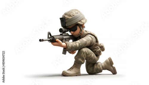 Cartoonish 3D caricature of soldier in camouflage, Playful soldier in 3D caricature illustration, Crouching soldier in cartoonish 3D render
