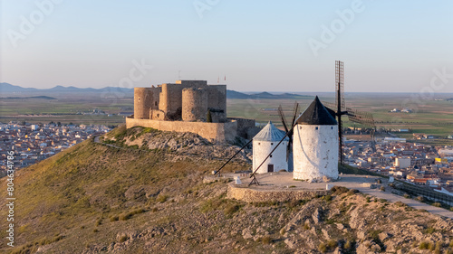 Aerial drone view on the old windmills in Consuegra, Spain