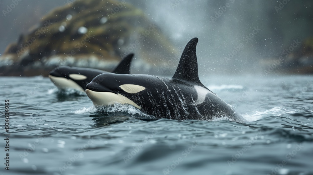 Fototapeta premium Lone Orca with Misty Mountain Backdrop