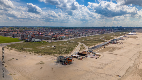 Aerial drone photo of the coastal town Katwijk with a beach and boulevard. photo