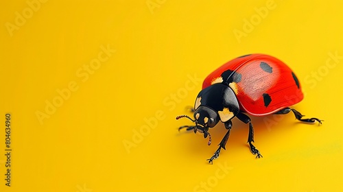 A bright red ladybug with black spots on a plain yellow background looking to the side. photo