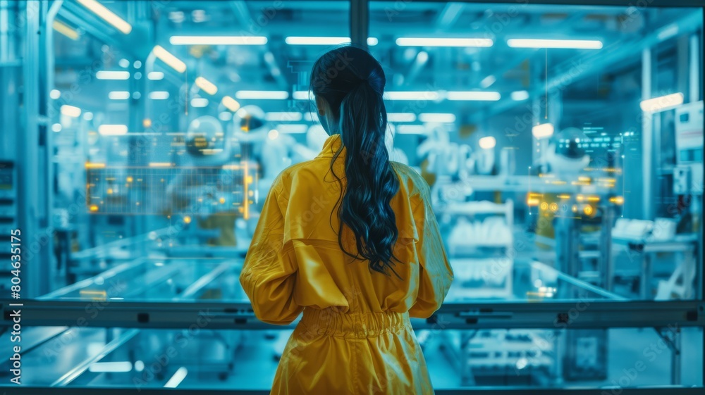 Female in coveralls with her back turned Standing at Electronics Factory. Augmented Reality Visualization of a Conveyor Belt Production Line with Robot Arms Female in coveralls with her back turned Standing at Electronics Factory. Augmented Reality Visualization of a Conveyor Belt Production Line with Robot Arms