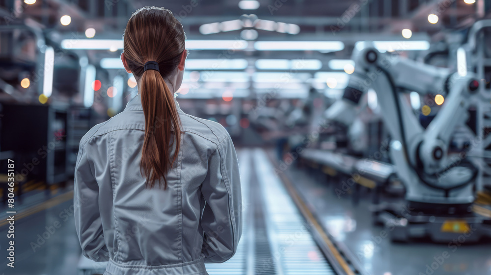 Fototapeta premium Female in coveralls with her back turned Standing at Electronics Factory. Augmented Reality Visualization of a Conveyor Belt Production Line with Robot Arms