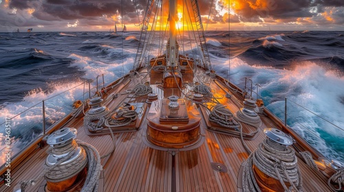 Scenic view of a sailboat with a wooden deck and mast with ropes floating on rippling dark sea against a cloudy sunset sky. Bright colors. photo