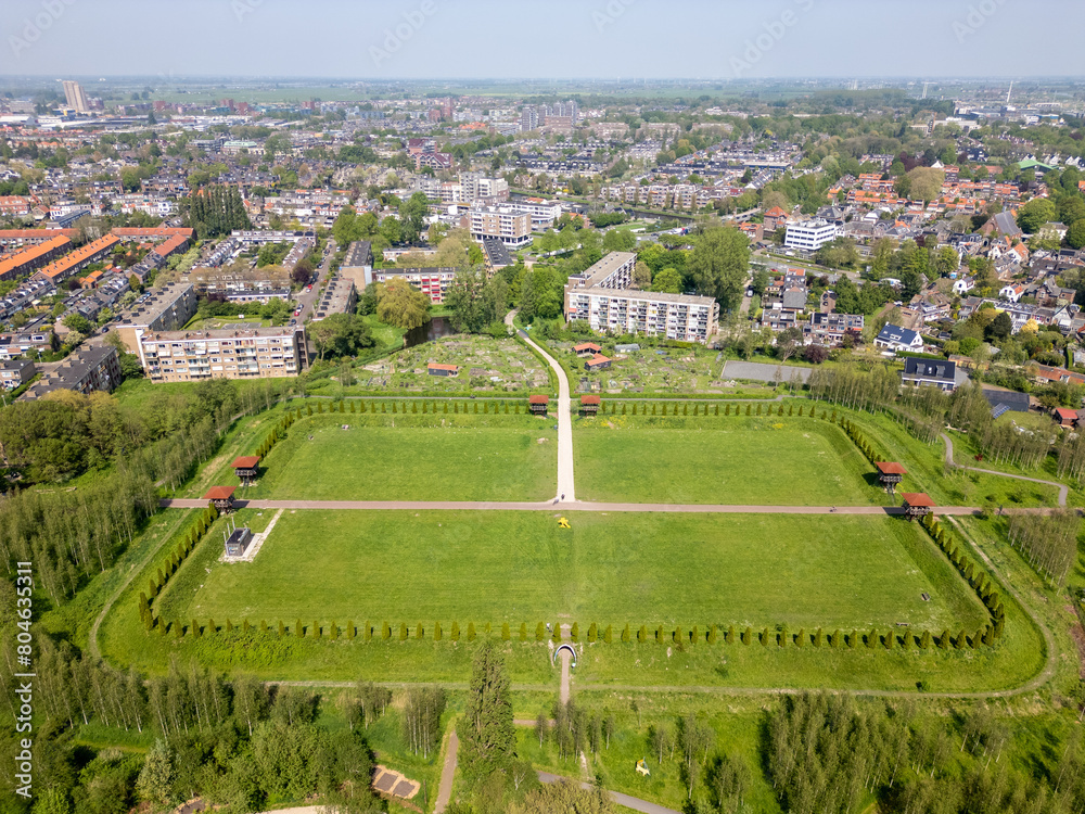 Obraz premium Aerial drone photo of the Roman park named Matilo in Leiden, the Netherlands