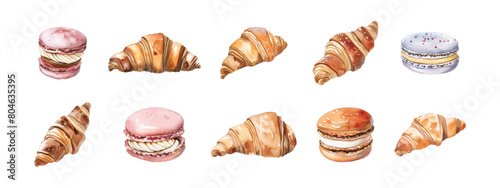 Set collection of various hand drawn watercolor french desserts pastries featuring croissants, colorful macarons illustration