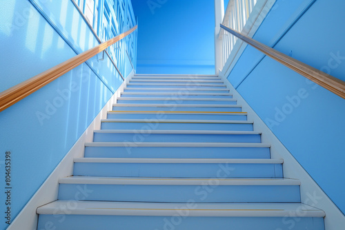 Sky blue stairs with a simple wooden handrail  light and airy home ambiance.