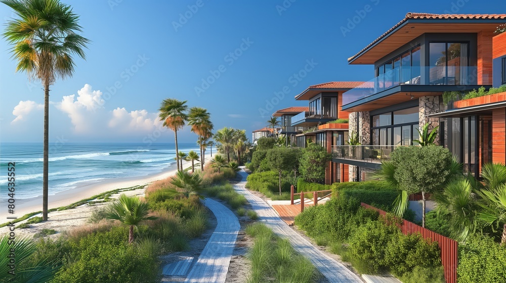 Fototapeta premium Coastal Beachfront Homes Row with Palm Trees