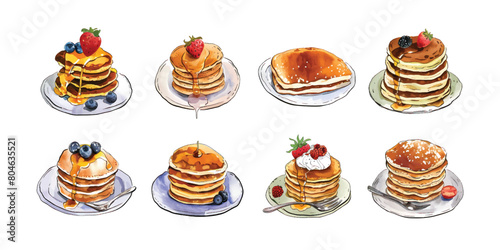 Set collection of various hand drawn watercolor pancakes,fresh berries, syrup, butter, breakfast illustrations