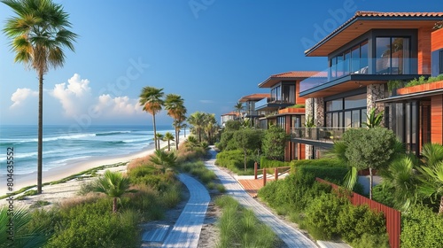 Coastal Beachfront Homes Row with Palm Trees photo