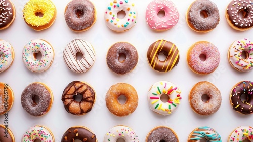 horizontal banner, National Donut Day, a row of multi-colored donuts covered with icing and confetti, light white background