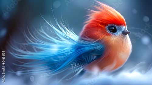A small, colorful bird with red, orange, blue, and white feathers is sitting on a branch in the snow. The bird is looking at the camera with its head cocked to one side. photo
