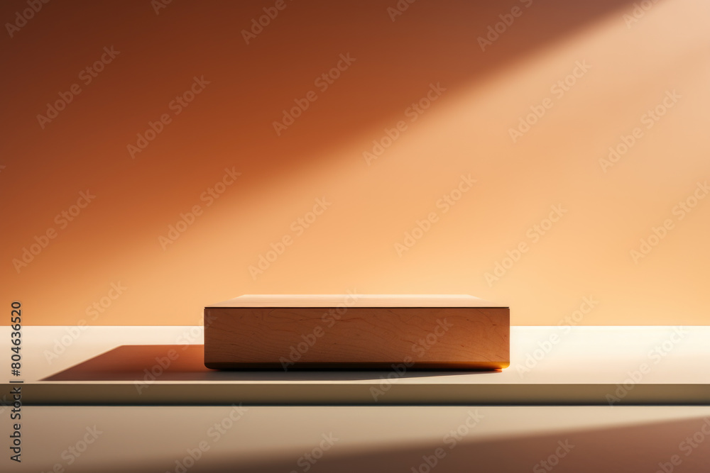 Wooden product podium against terracotta orange wall. Bright pedestal, platform in color block style, copyspace backdrop, vibrancy Wooden product podium against terracotta orange wall. Bright pedestal, platform in color block style, copyspace backdrop, vibrancy
