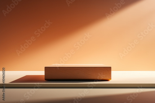 Wooden product podium against terracotta orange wall. Bright pedestal, platform in color block style, copyspace backdrop, vibrancy