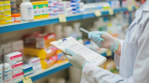 Pharmacist in sanitary gloves at a pharmacy filling perscriptions