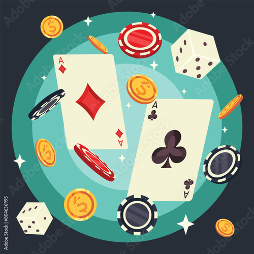 Flat vector illustration with cards and chips. Casino cards. Card suits Spades.Coins, money, chips, cards.