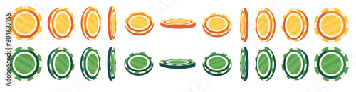 Flat vector illustration with casino chips.
A set of casino chips from different sides, different angles of the chips.
