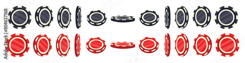 Flat vector illustration with casino chips.
A set of casino chips from different sides, different angles of the chips.