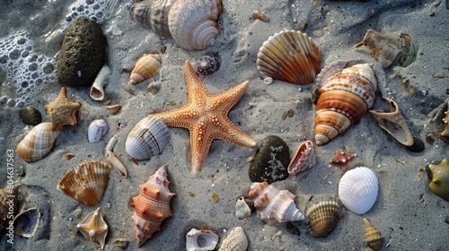 Starfish and seashells on the beach, close-up