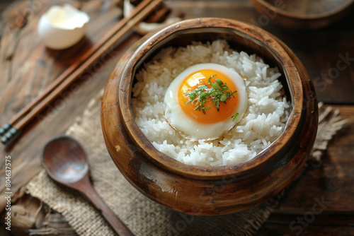 Top veiw of boiled rice with onzen egg on wooden table at Pha Hee Village ,Chiang rai , Thailand photo