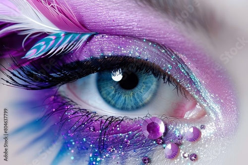 Blue eye closeup with purple makeup decorated with sparkles and rhinestones