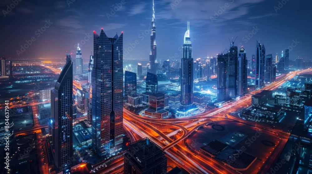 Fototapeta premium Fantastic rooftop view of a big modern city architecture at night with roads. Business bay, Dubai, United Arab Emirates.