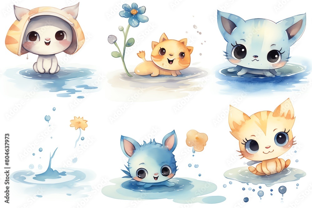 Fototapeta premium A collection of cute cartoon cats playing in the rain