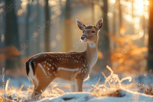 A deer standing in a snowy forest with the sun shining through the trees.