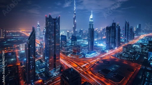 Fantastic rooftop view of a big modern city architecture at night with roads. Business bay, Dubai, United Arab Emirates.